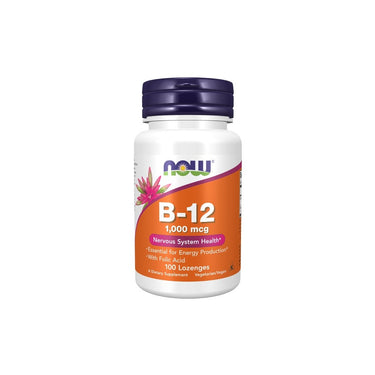 A bottle of Now Foods Vitamin B-12 Cyanocobalamin 1000 mcg, 100 lozenges, supports energy metabolism and nervous system health; includes folic acid and is labeled for vegetarians.